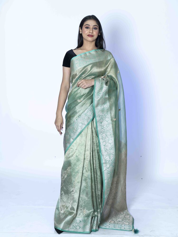 Grace Green Crush Tissue Saree with Banarasi Border