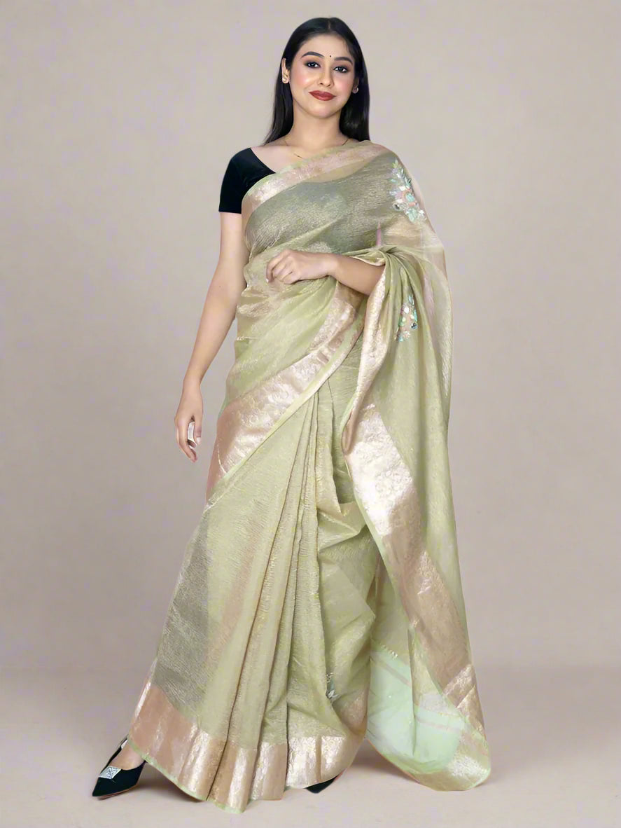 Emerald Green Crush Tissue Saree with Banarasi Border