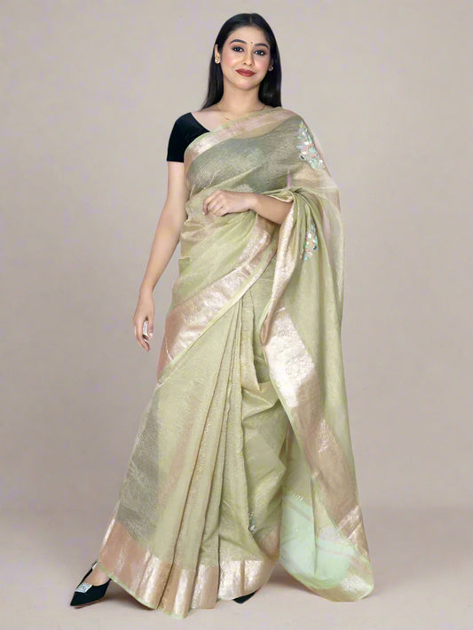 Emerald Green Crush Tissue Saree with Banarasi Border