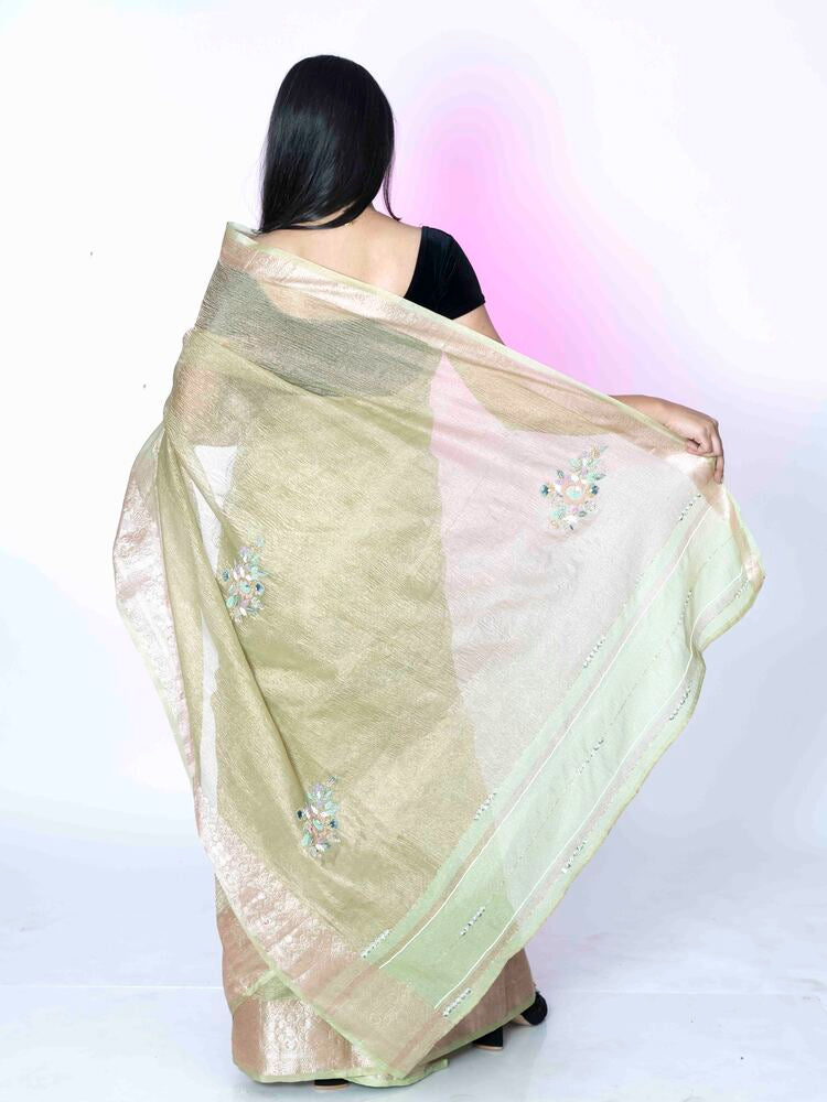Emerald Green Crush Tissue Saree with Banarasi Border