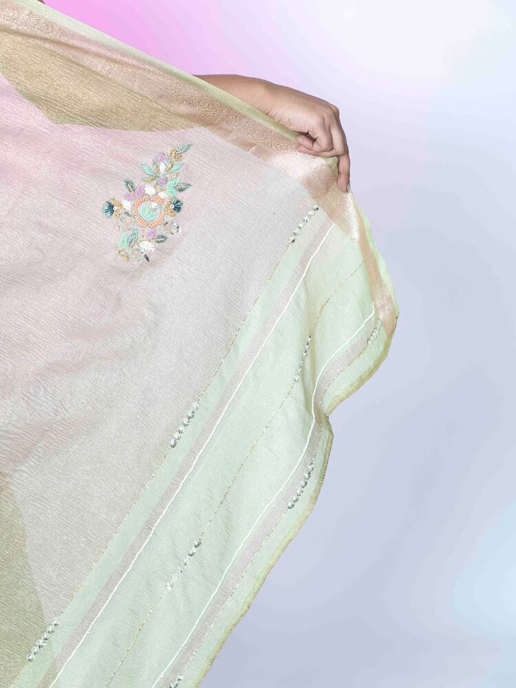 Emerald Green Crush Tissue Saree with Banarasi Border
