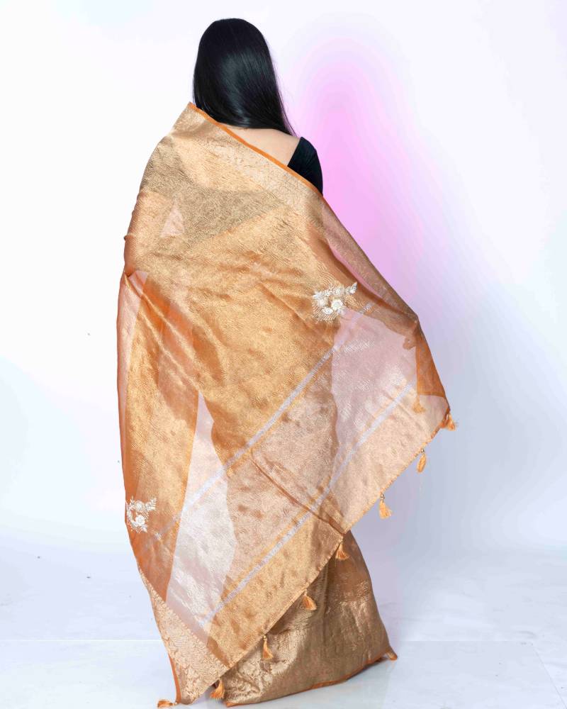 Jewel of Awadh: Orange Crush Tissue Banarasi Saree