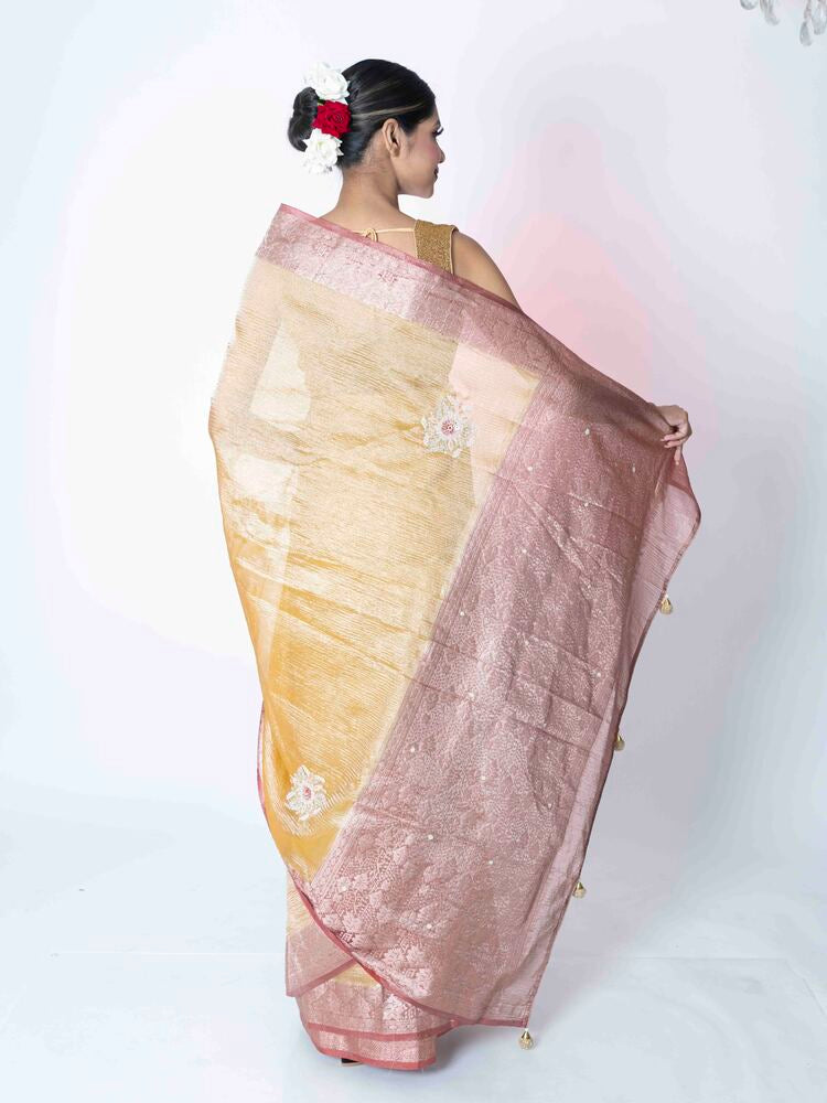 Golden Mustard Glow Crush Tissue Saree