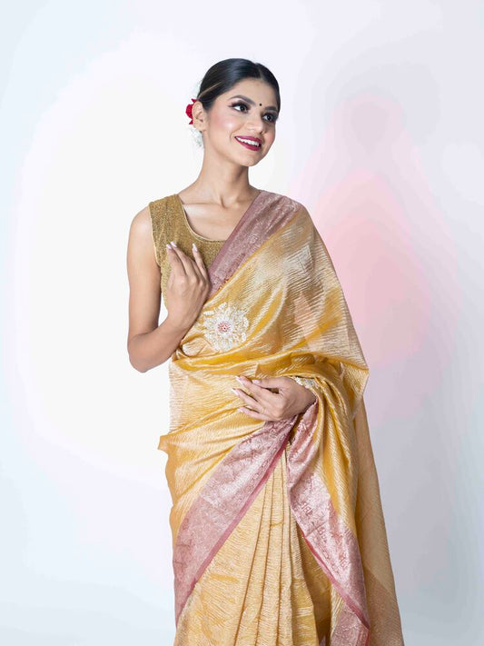 Golden Mustard Glow Crush Tissue Saree