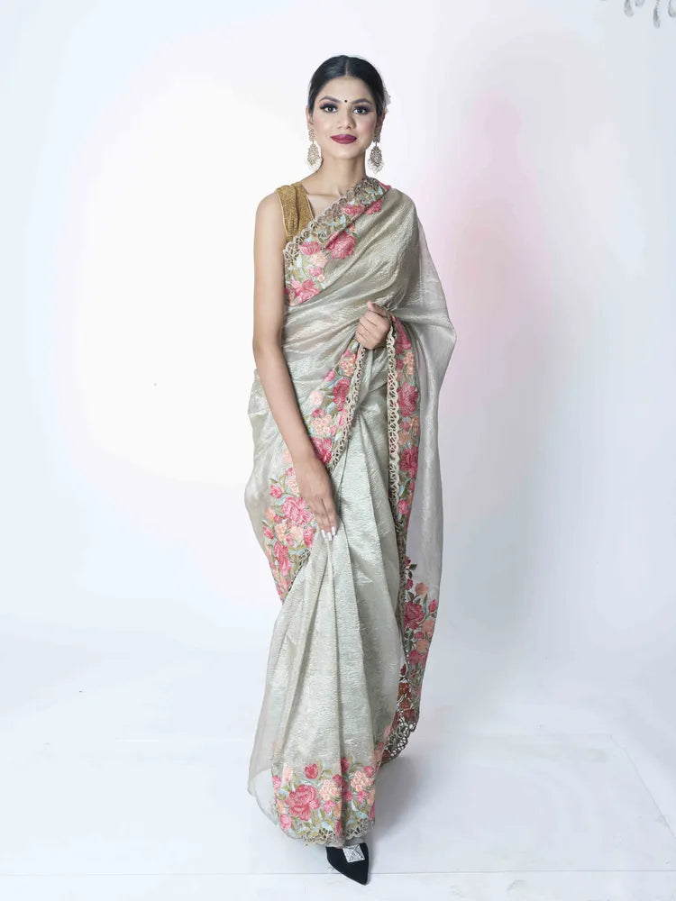 Ethereal Grace Grey & Golden Tissue Saree