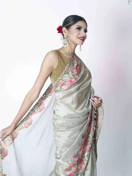 Ethereal Grace Grey & Golden Tissue Saree