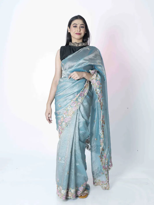 Ethereal Charm: Blue Crush Tissue Saree with Cut Work Embroidery