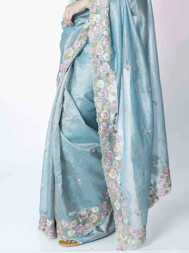 Ethereal Charm: Blue Crush Tissue Saree with Cut Work Embroidery