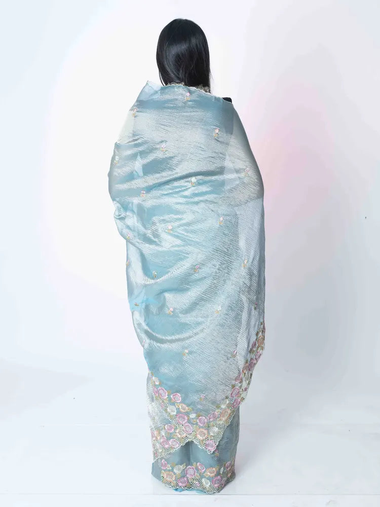 Ethereal Charm: Blue Crush Tissue Saree with Cut Work Embroidery