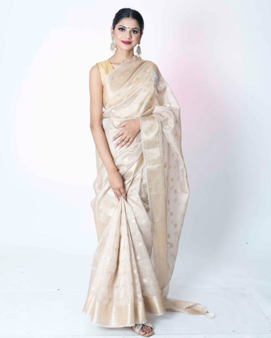 Pearl of Awadh: Cream Crush Tissue Banarasi Saree