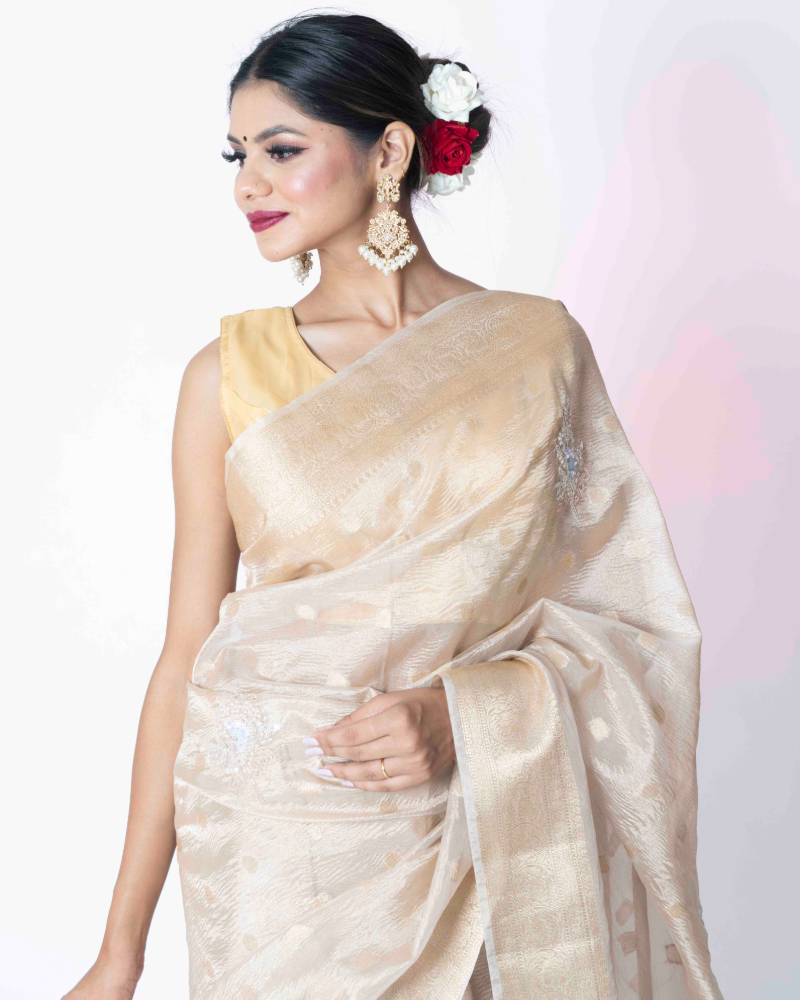 Pearl of Awadh: Cream Crush Tissue Banarasi Saree