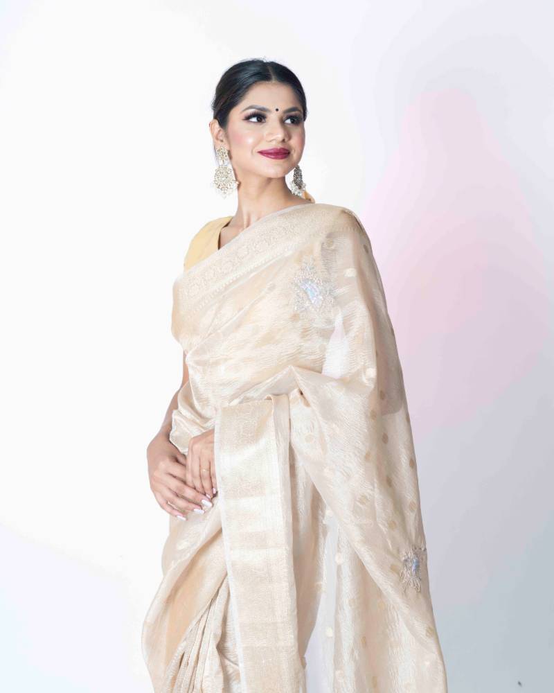 Pearl of Awadh: Cream Crush Tissue Banarasi Saree
