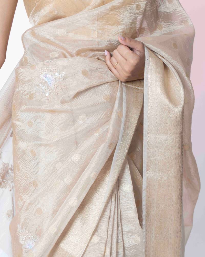Pearl of Awadh: Cream Crush Tissue Banarasi Saree