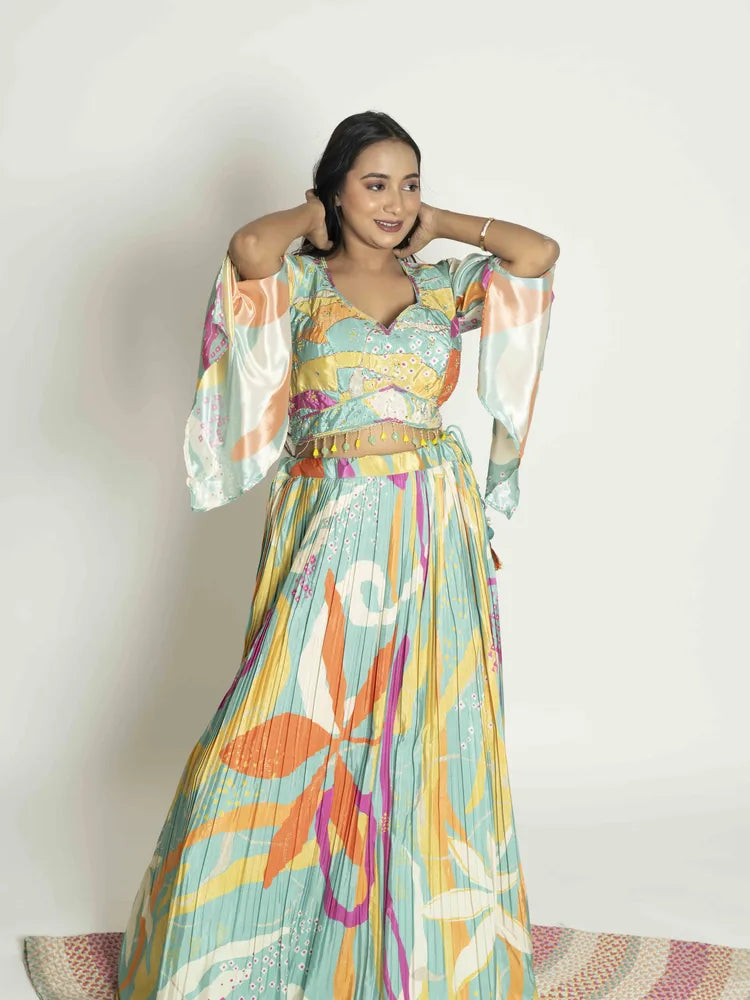 Floral Elegance Crop Top, Skirt & Dupatta