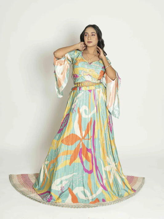 Floral Elegance Crop Top, Skirt & Dupatta