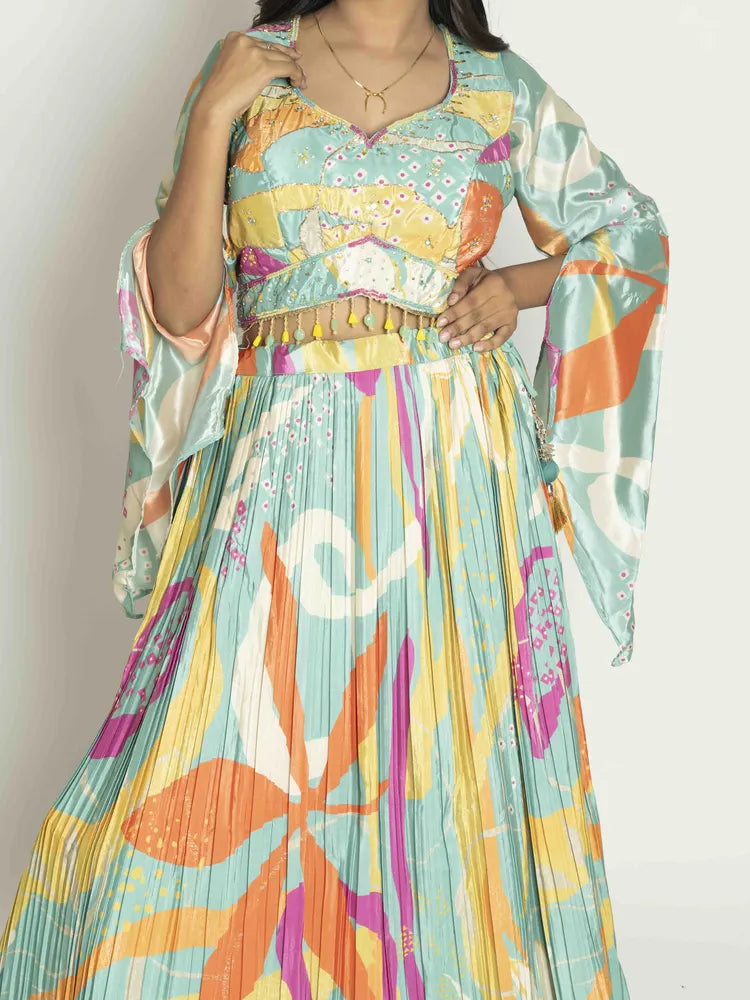 Floral Elegance Crop Top, Skirt & Dupatta