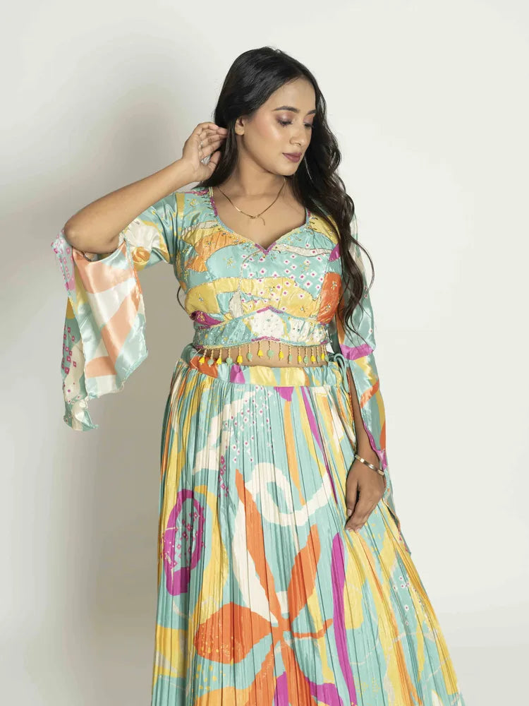 Floral Elegance Crop Top, Skirt & Dupatta
