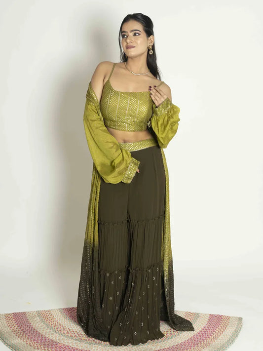 Green Radiance – Crop Top, Sharara & Shrug Set