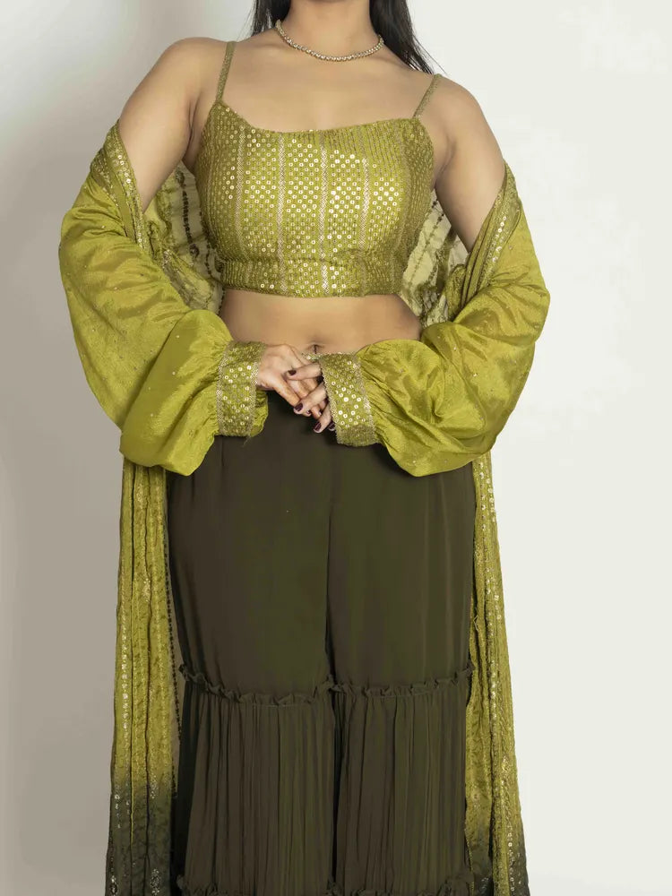 Green Radiance – Crop Top, Sharara & Shrug Set