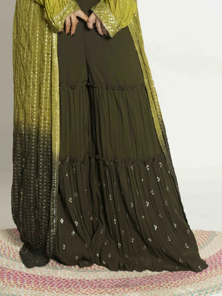 Green Radiance – Crop Top, Sharara & Shrug Set