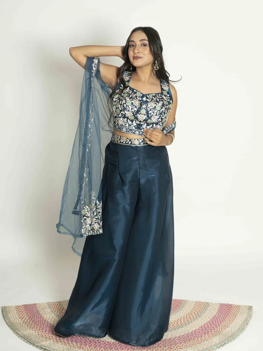 Teal Blue Delight – Palazzo, Blouse & Shrug Set