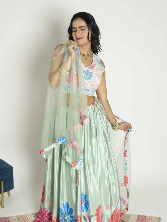 Pastel Charm Crop Top, Skirt & Dupatta