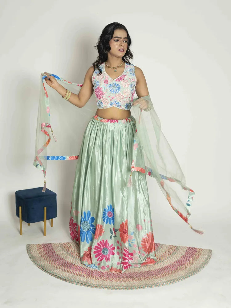 Pastel Charm Crop Top, Skirt & Dupatta