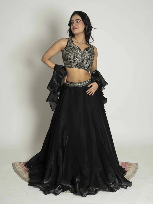 Midnight Radiance Crop Top, Skirt & Dupatta