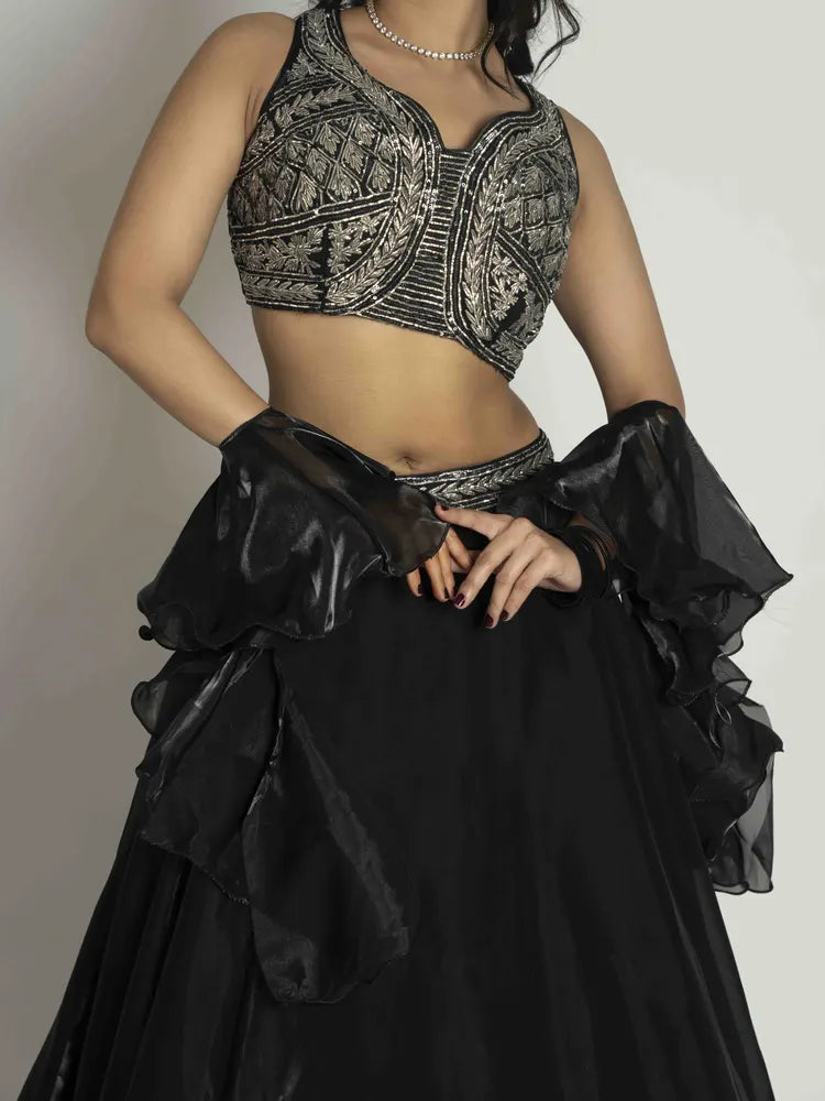Midnight Radiance Crop Top, Skirt & Dupatta