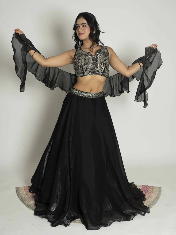 Midnight Radiance Crop Top, Skirt & Dupatta
