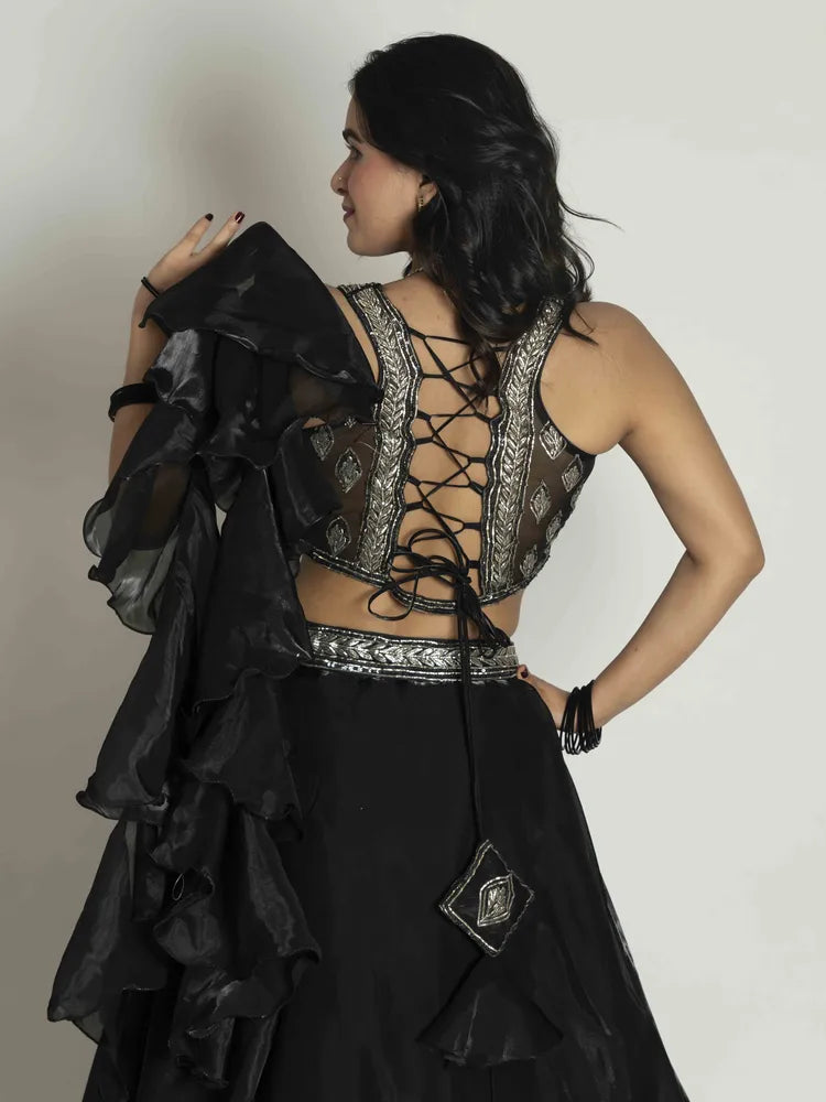 Midnight Radiance Crop Top, Skirt & Dupatta