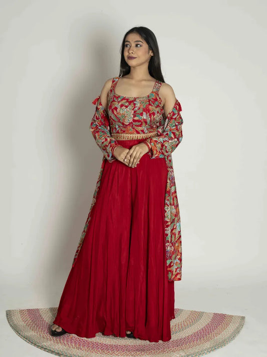 Red Radiance – Shrug, Palazzo & Crop Top Set