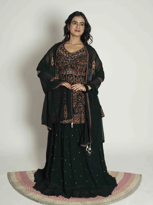 Black Multi Majesty – Peplum, Skirt & Dupatta Set