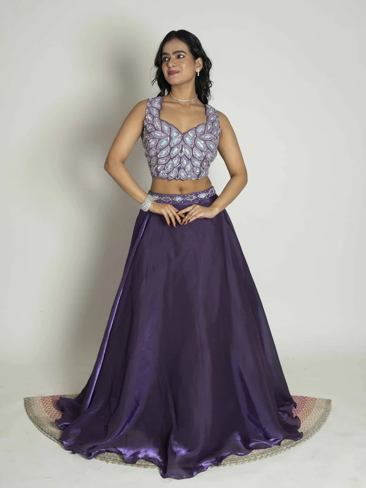Royal Plum Crop Top, Skirt & Dupatta