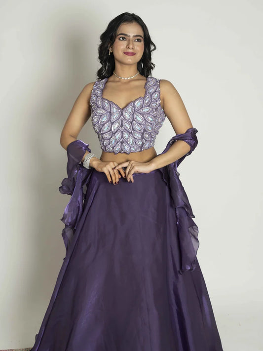 Royal Plum Crop Top, Skirt & Dupatta