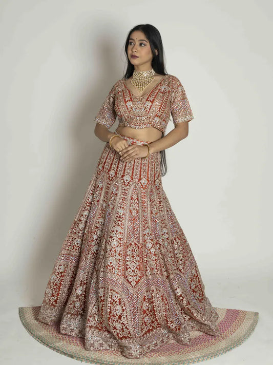 Rust Net Lehenga