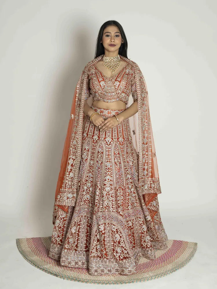 Rust Net Lehenga