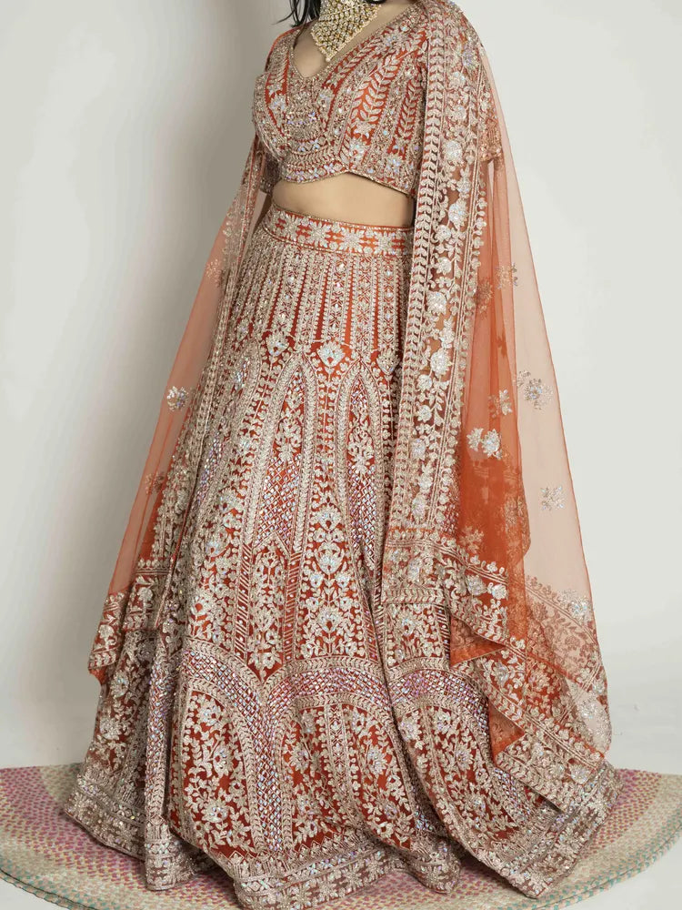 Rust Net Lehenga