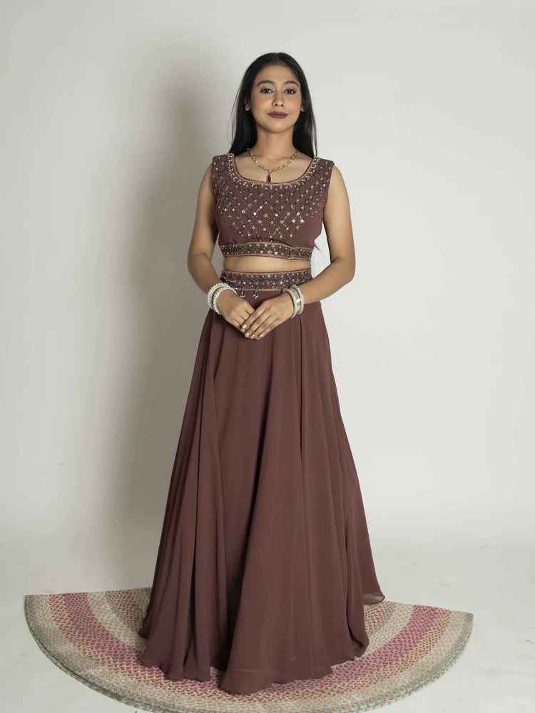 Choco Elegance – Skirt, Blouse & Shrug Set
