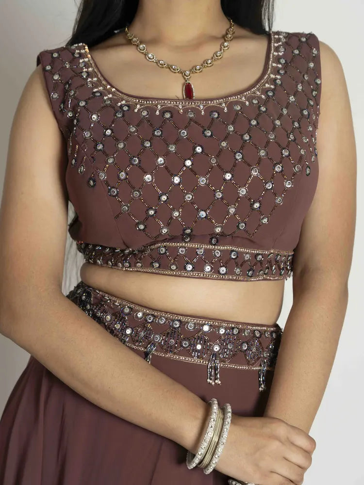 Choco Elegance – Skirt, Blouse & Shrug Set
