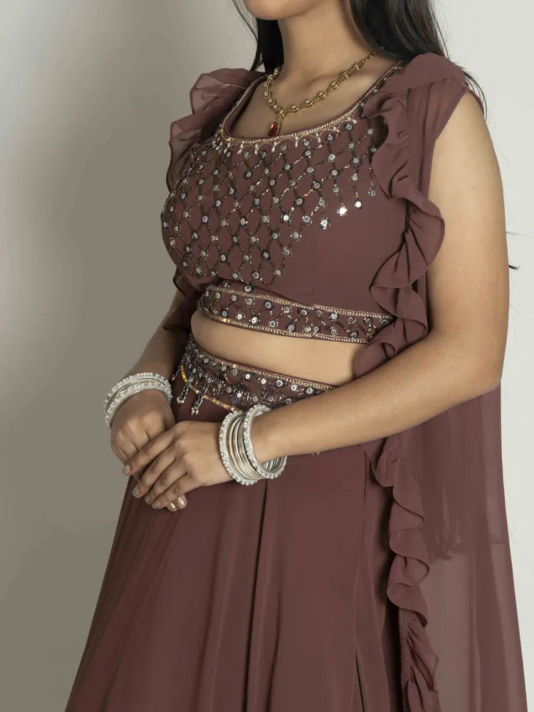 Choco Elegance – Skirt, Blouse & Shrug Set