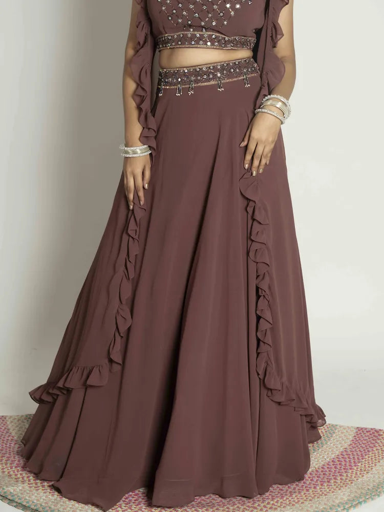 Choco Elegance – Skirt, Blouse & Shrug Set