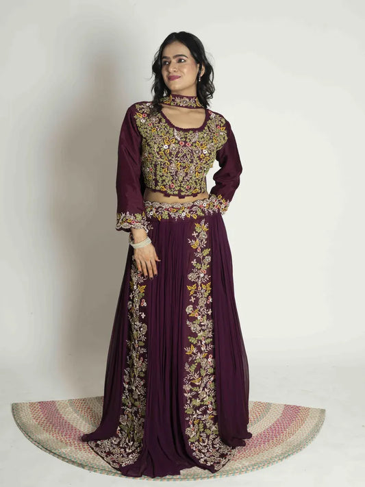 Wine Opulence – Blouse, Skirt, Choker & Dupatta Set