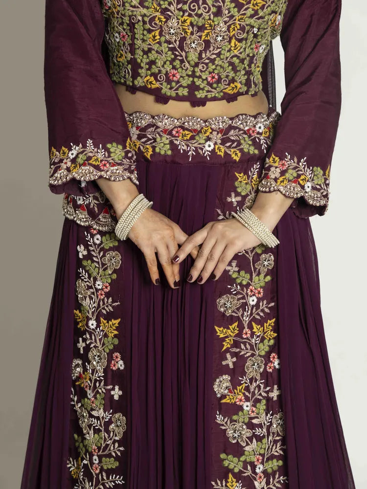 Wine Opulence – Blouse, Skirt, Choker & Dupatta Set