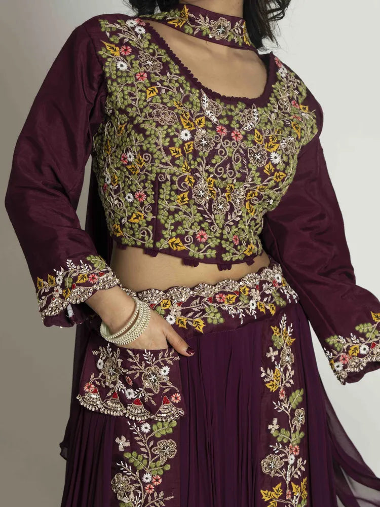 Wine Opulence – Blouse, Skirt, Choker & Dupatta Set