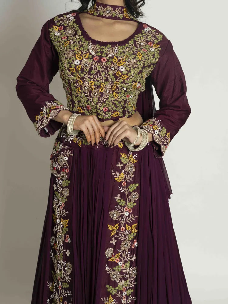 Wine Opulence – Blouse, Skirt, Choker & Dupatta Set