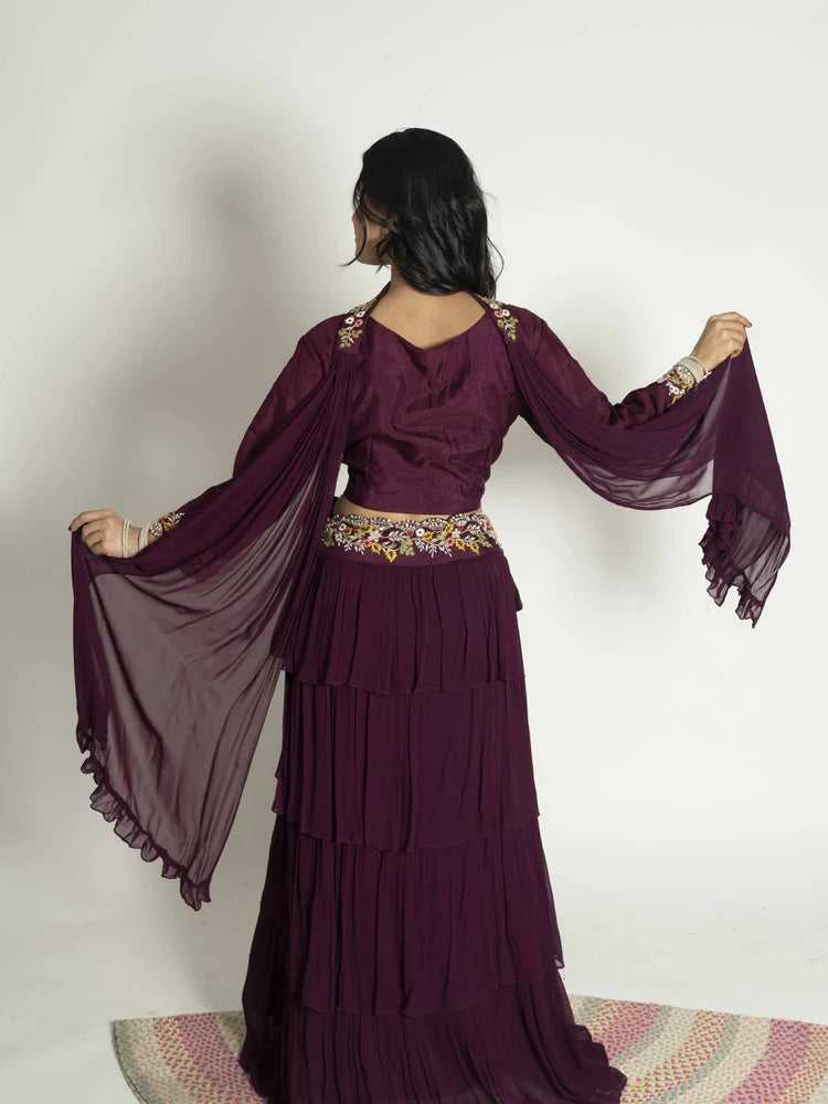 Wine Opulence – Blouse, Skirt, Choker & Dupatta Set