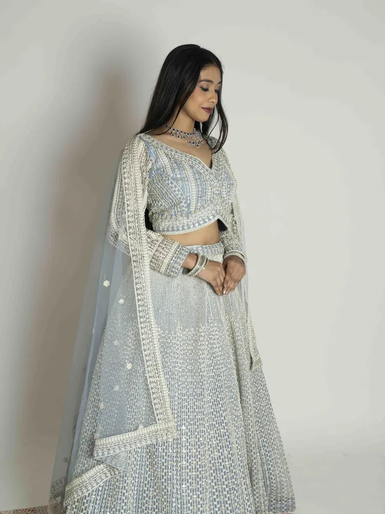 Ice Blue Net Lehenga