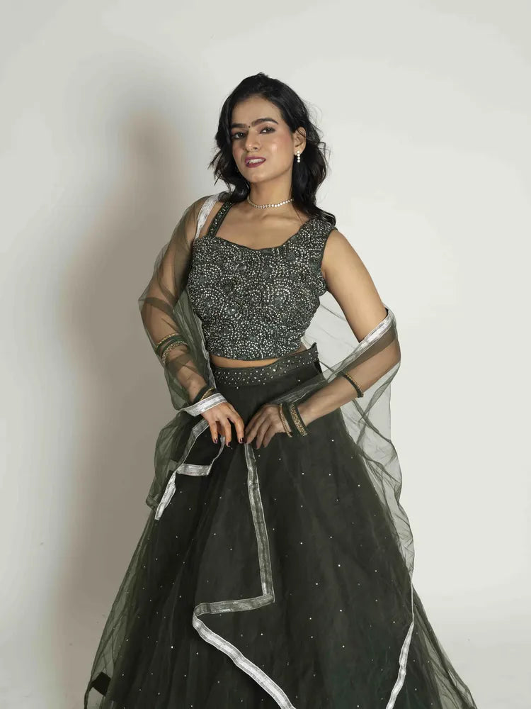 Bottle Green Net Lehenga